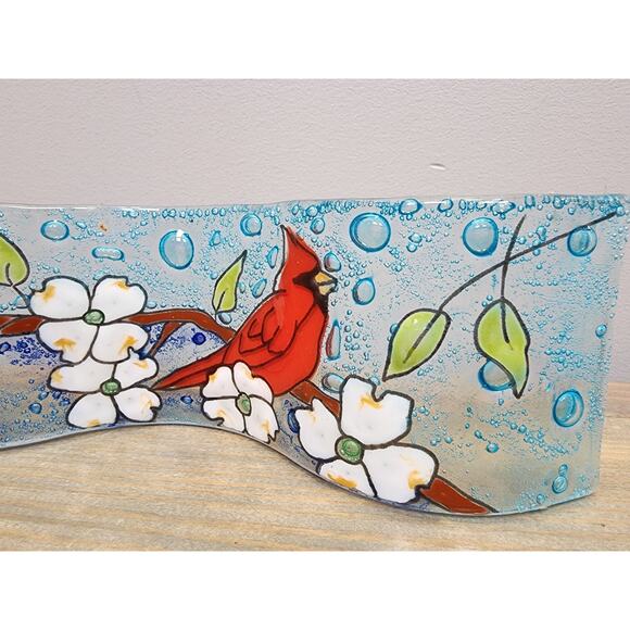 Pampeana Fused Art Glass Wave Plate Cardinals Hand Painted Ecuador - Picture 2 of 6